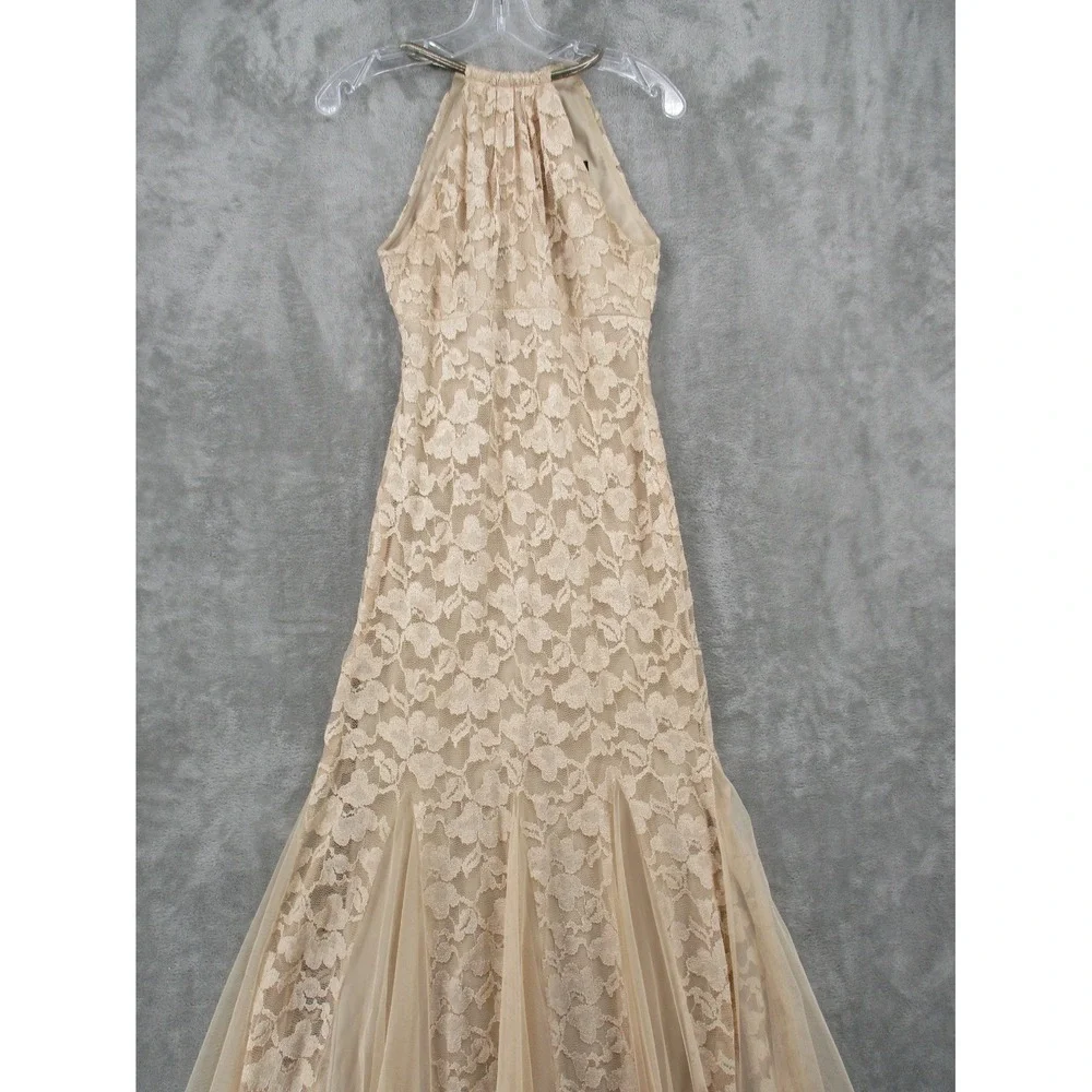 Xscape Dress Womens 4 Sheer Floral  Lace Trumpet Gown Feminine Wedding Lined Tan - Picture 2 of 14